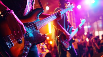 Obraz premium The energetic performance of a bassist during a lively concert event.