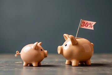 puzzle with piggy bank, percentage icon, and goal flag coming together, savings plan metaphor, clean design, macro lens