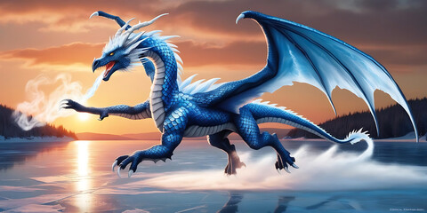 Majestic dragon soaring in the sky with clouds and glowing light
