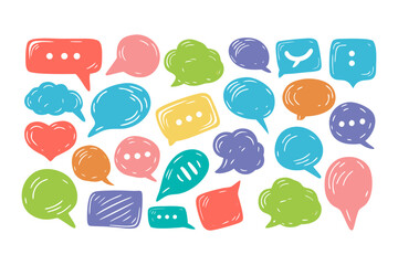 
Colorful hand drawn speech bubbles collection. Doodle chat icons collection for communication, social media, or messaging design vector illustration.
