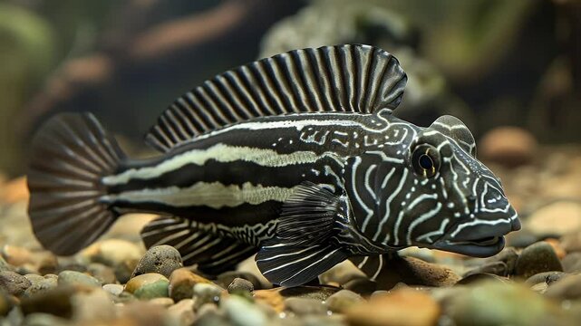 Close-up of a striped fish with detailed patterns resting on a bed of small rocks with a blurred background and natural lighting