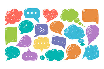 
Colorful hand drawn speech bubbles collection. Doodle chat icons collection for communication, social media, or messaging design vector illustration.