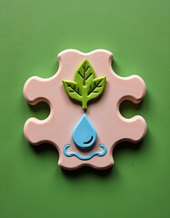 puzzle with leaf icon, solar panel symbol, and water drop connecting, eco solution metaphor, clean pastel clay style