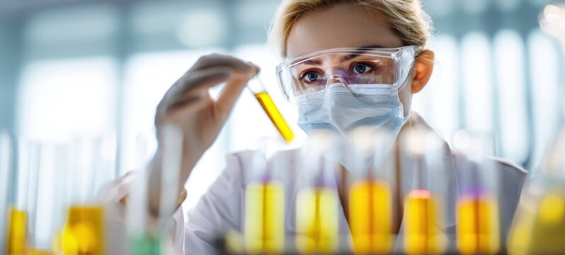 The scientist analyzing liquid samples in a modern research laboratory setting.