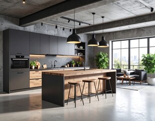 Obraz premium An industrial loft kitchen with raw concrete ceiling, black metal pendant lights