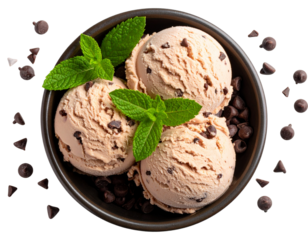 Overhead View of Chocolate Chip Ice Cream with Mint Garnish in Textured Bowl, isolated on a transparent background.