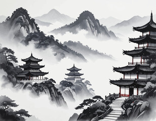 Misty temple in mountain view. Black and white Asian scenery. Ancient pagoda in foggy range. Ink painting of mountain temple. Temple peaks in Chinese ink art