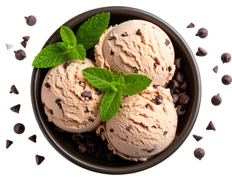 Overhead View of Chocolate Chip Ice Cream with Mint Garnish in Textured Bowl, isolated on a transparent background.