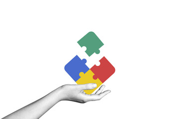 Naklejka premium Modern collage hands connect puzzle pieces. Teamwork concept, business idea, brainstorming. Creative solution. Merger of organizations. Partnership.