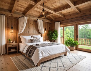 A rustic cabin-inspired bedroom with exposed wood ceiling beams, hanging lantern ligh