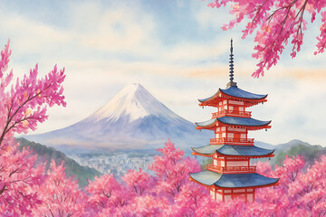 Traditional Japanese Pagoda Amid Blooming Cherry Trees and Mount Fuji Background


