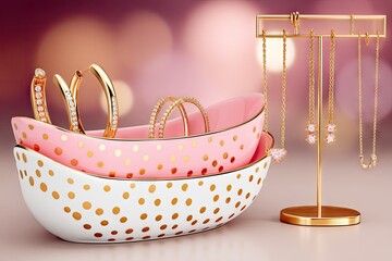 Pink and gold jewelry display. Two nested bowls, speckled with gold polka dots, hold earrings and rings.  Gold necklaces hang on a stand