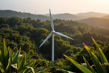 windmill icon, blending into jungle, renewable future concept, stylized symbolic macro