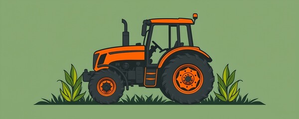 tractor icon with plant wheels, sustainable farming symbol, front macro flat design