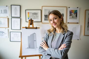 A woman standing in front of a wall of drawings.