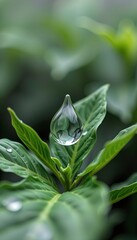 water drop icon, shaped by green foliage, clean water awareness, macro symbolic view, misty background