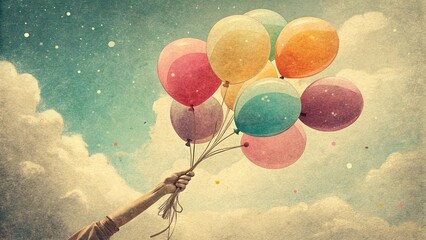 Hand holding multi colored balloons done with a retro vintage instagram filter effect