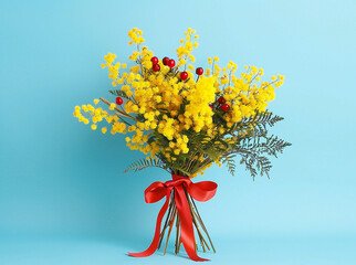 A beautiful festive bouquet of natural yellow mimosa, tied with a red bow, on a blue background