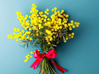 A beautiful festive bouquet of natural yellow mimosa, tied with a red bow, on a blue background