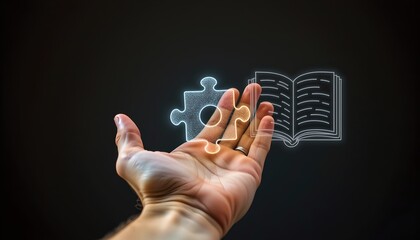 hand offering puzzle piece and book icon overlay, training strategy integration, macro symbolic