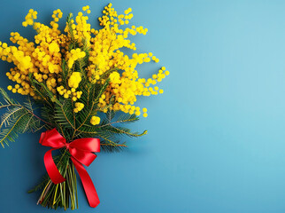 A beautiful festive bouquet of natural yellow mimosa, tied with a red bow, on a blue background
