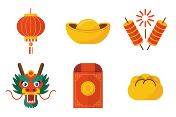 Chinese new year celebration, gold ingot, lantern, firecrackers, dragon mask, red envelope, festive vector, prosperity design