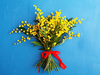 A beautiful festive bouquet of natural yellow mimosa, tied with a red bow, on a blue background