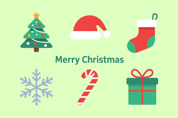 Naklejka premium Christmas icon collection, tree, Santa hat, snowflake, candy cane, gift, modern vector, festive holiday greeting