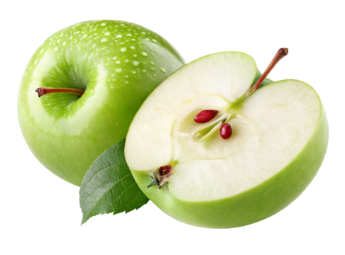 Fresh green apples with juicy sliced halves and vibrant leaves for healthy snacking and cooking