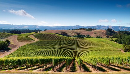 Naklejka premium high angle view of vineyard in sonoma valley california usa green grape vines in rows on a sunny day rolling hills under a blue sky agriculture travel destination