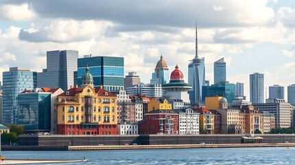Obraz premium Modern City Skyline with Futuristic and Historical Buildings on White Background | Detailed Urban Architecture Illustration