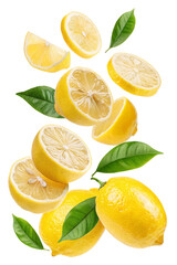 Fresh lemons floating with vibrant green leaves on a bright background for food and drink concepts