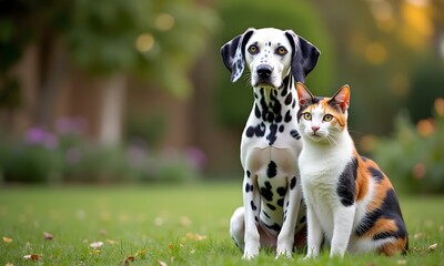 Friendly Dalmatian and Calico Cat Relaxing Together in Peaceful Garden Setting