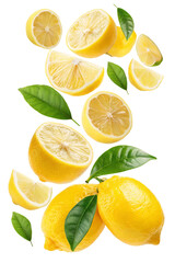 Fresh lemon slices and leaves isolated on white background for natural organic food concept