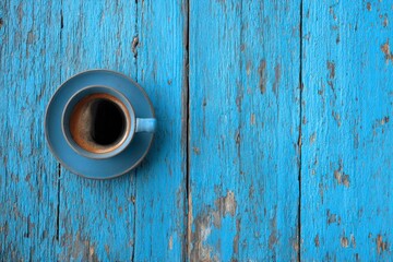Blue cup of coffee on a rustic blue wooden surface viewed from above