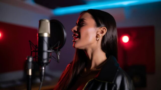 Energetic female singer performing in studio with passionate expression - Powered by Adobe