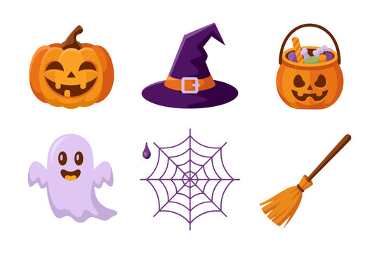 Halloween party icon set, pumpkin, witch hat, ghost, spider web, broom, trick or treat, festive vector, spooky illustration - Powered by Adobe