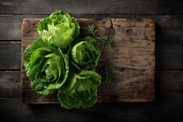 Butterhead lettuce heads and rosemary sprigs displayed on a rustic wooden board