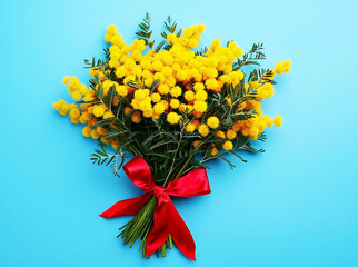 A beautiful festive bouquet of natural yellow mimosa, tied with a red bow, on a blue background