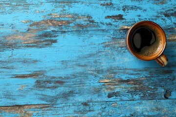 Coffee cup filled with coffee on a blue distressed wooden table