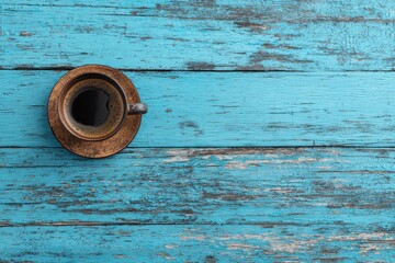 Coffee cup with black coffee on a blue wooden surface