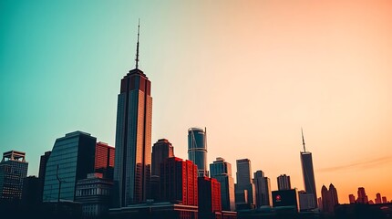 Fototapeta premium City Skyline at Sunset with Colorful Twilight Sky and Silhouetted Skyscrapers in Urban Horizon