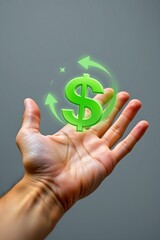 tax refund processing, hand catching dollar icon and green check overlay, tax return idea, macro