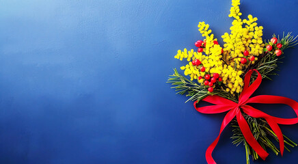 A beautiful festive bouquet of natural yellow mimosa, tied with a red bow, on a blue background