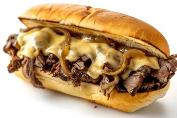 A close-up of a Philly cheesesteak sandwich with thinly sliced ribeye steak, melted cheese, caramelized onions on a toasted hoagie roll isolated on a white background