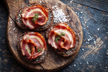 Three bacontopped bread circles sit on a wooden board sprinkled with coarse salt