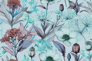Artistic All Over Pattern of Flowers, Leafs and Swirl