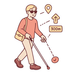 Walking man with cane, navigation symbols, confident expression
