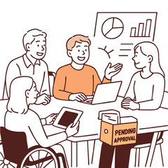 Collaborative meeting with team discussing project status and pending approval