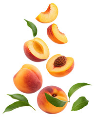 Fresh juicy peaches with slices and green leaves floating on a clear background for organic appeal
